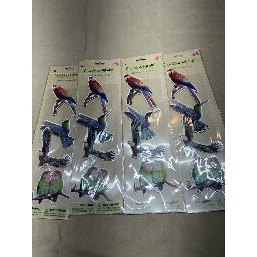 Lot of 4 Crafter's Square Bird Foam Stickers Glitter Macaw Hummingbird 4pc Packs